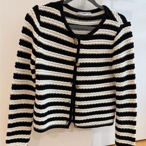 Mango Black and White Striped knit Cardigan